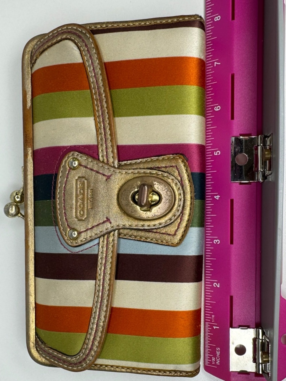 Coach Legacy Multicolored Striped Satin 65th Anniversary Gold Turnlock Wallet - Picture 13 of 16